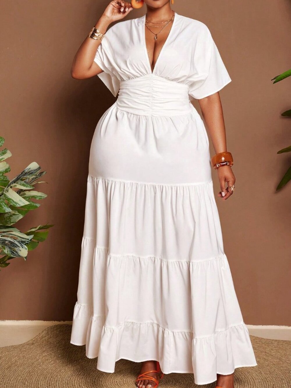 White Boho Women's Plus Size Sexy Flared maxi Dress - Picture 5 of 6